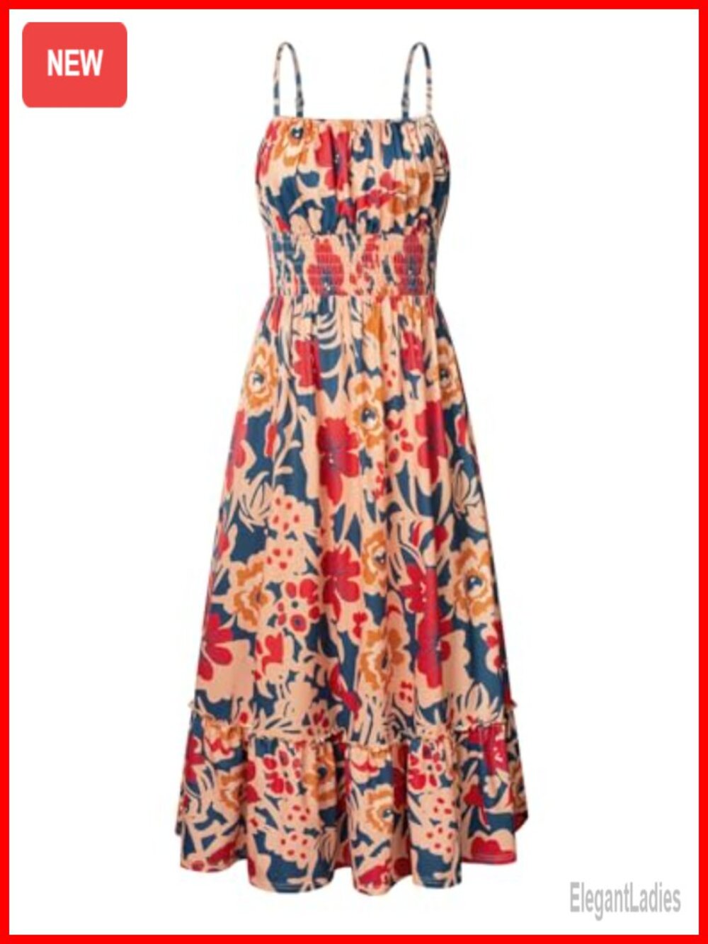 Women's Boho Maxi Sundress Smocked Waist Side Pockets Square Neck Sleeveless